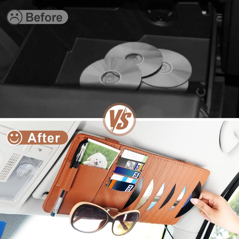 alpmosn Sun Visor CD Case Holder for Car - Multi-Function Visor Organizer with CD/DVD Storage, Eyeglass Clip, Card Slots & Pen Holder, Durable Leather Car Accessories (Orange) - Image 5